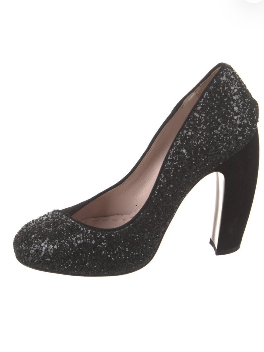 Miu Miu Black Glitter Covered Block Heel Pump